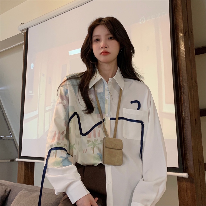 Áo sơ mi ZHELIHANGFEI dài tay dáng rộng họa tiết độc đáo thời trang dành cho nữ