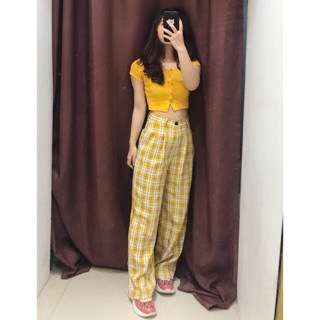 [ẢNH THẬT] QUẦN KẺ CARO VÀNG ỐNG XUÔNG SIÊU HOT, QUẦN ỐNG RỘNG HOT TREND