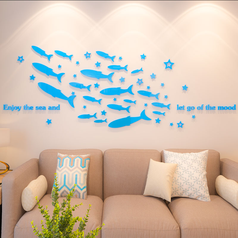 Tranh dán tường mica 3d decor khổ lớn đàn cá bơi về đại dương Nhiều Size - EPeBen