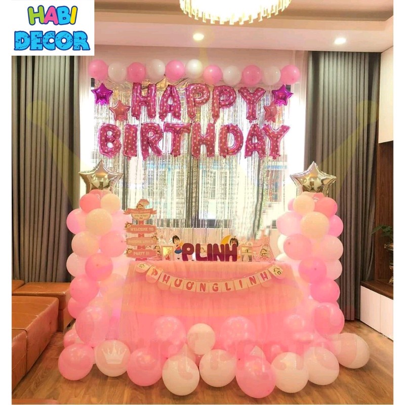 Combo Set Trang Trí Sinh Nhật 2 Rèm Kim Tuyến, Bóng Chữ Happy Birthday và 50 bong bóng tròn cho bé trai, bé gái CB01