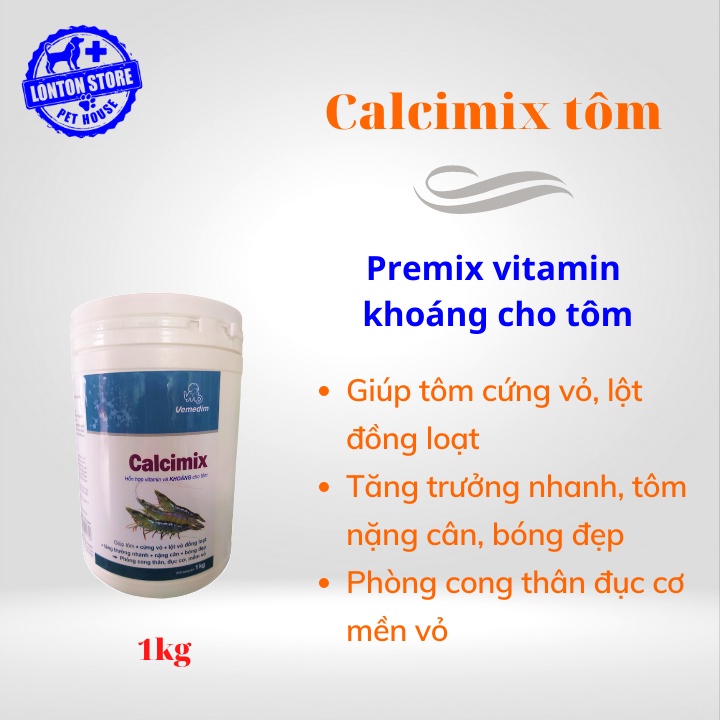 VEMEDIM Calcimix tôm, hỗn hợp vitamin, canxi, photpho và khoáng cho tôm, Hộp 1kg