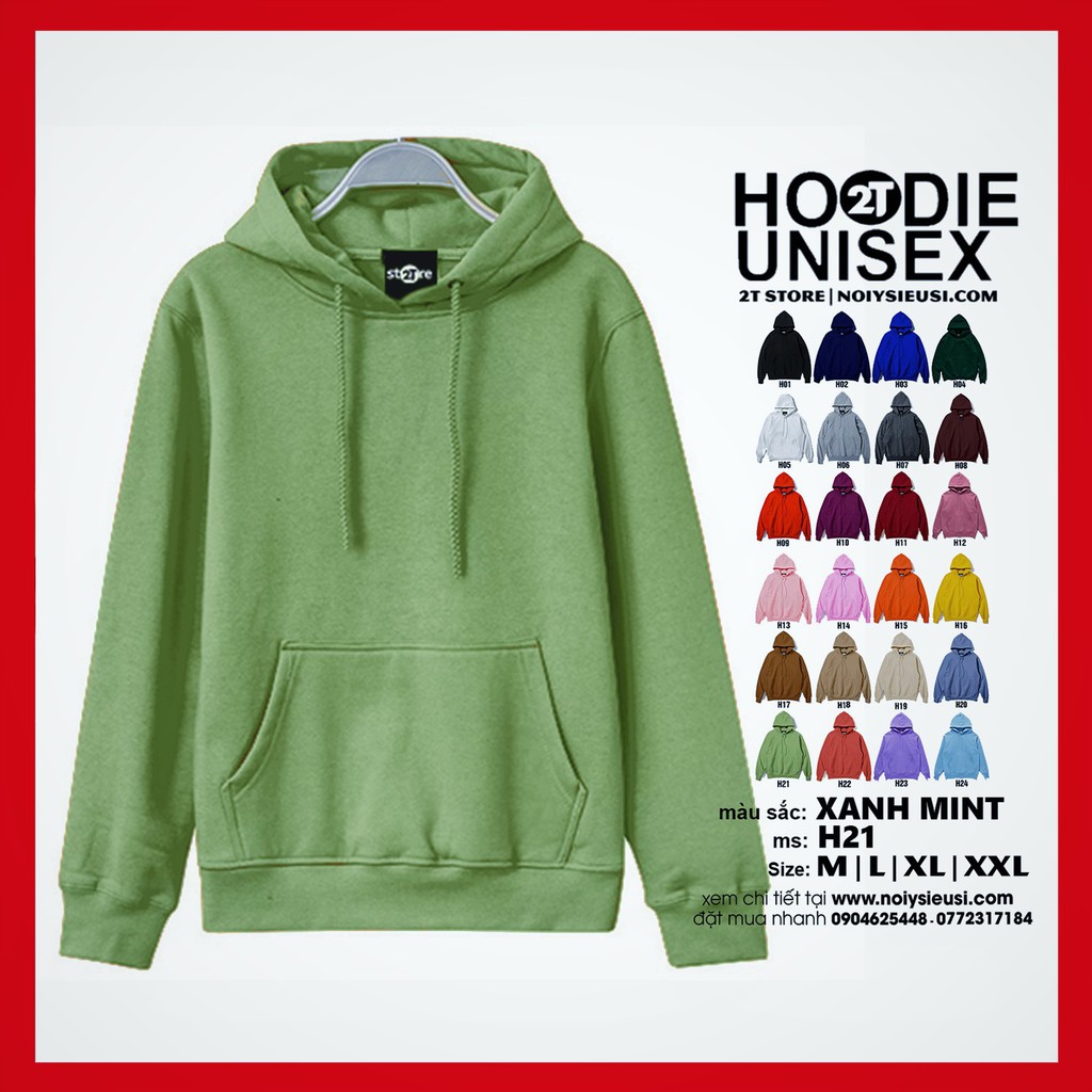 Áo hoodie unisex 2T Store H21 Xanh Mint Bạc Hà - Áo khoác nỉ bông chui đầu nam nón 2 lớp dày dặn chất lượng đẹp