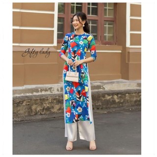 Áo dài tết đẹp màu xanh tay lỡ hoạ tiết lập thể, áo dài truyền thống nữ cổ tròn vải lụa dãn, form tôn dáng, giftylady