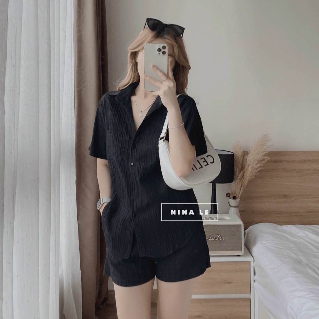 Sét Bộ Nữ 2 Món Áo Kiểu Cổ Sơ Mi Xẻ Lưng Kết Hợp Quần Đùi Chất Xô Gân Nhẹ Mát mặc Đẹp Hot Trend NEW UNISEX