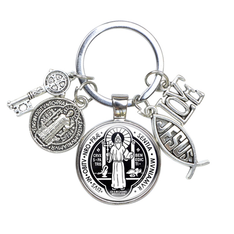 Saint Benedict Medallion Móc Chìa Khóa Thủ Công Mặt Kính In Hình Chúa JESUS Nghệ Thuật Làm Quà Tặng