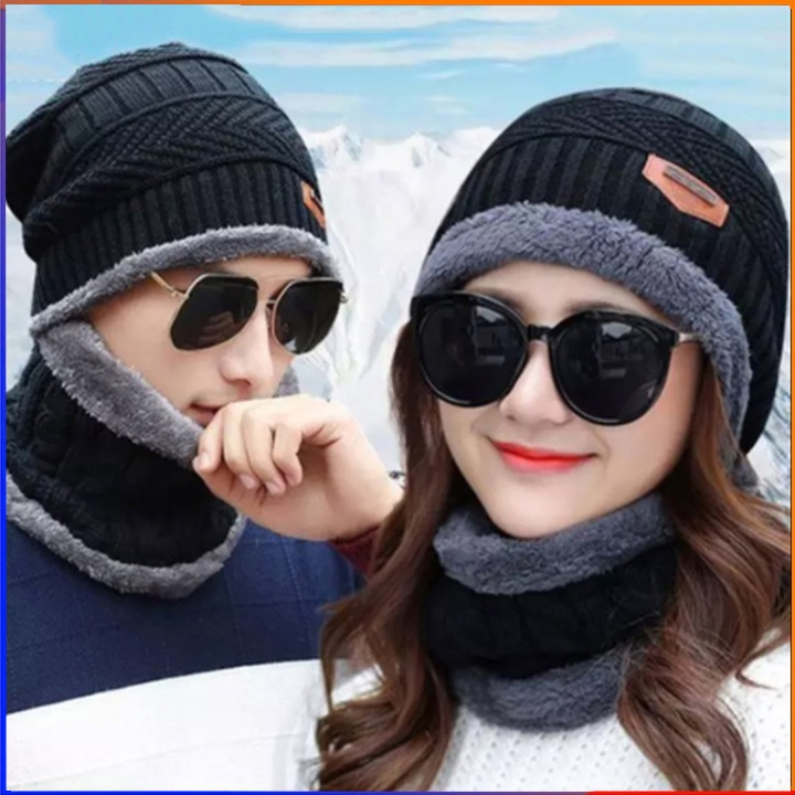 Mũ len trùm đầu mùa đông cực ấm - kèm khăn quàng cổ