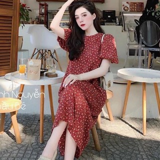 Váy hoạ tiết hoa nhí đỏ phom rộng