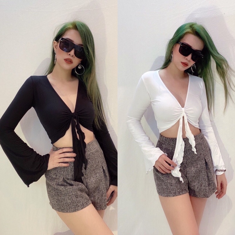 Áo croptop ôm dài tay loe cột trước xoăn lai vnxk