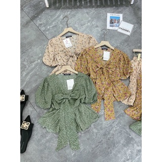 Set váy hoa nhí nhún cổ V thắt nơ+chân váy bo chun