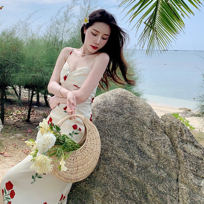 Đầm Hai Dây Họa Tiết Hoa Hồng Phong Cách Retro Thời Trang Mùa Hè