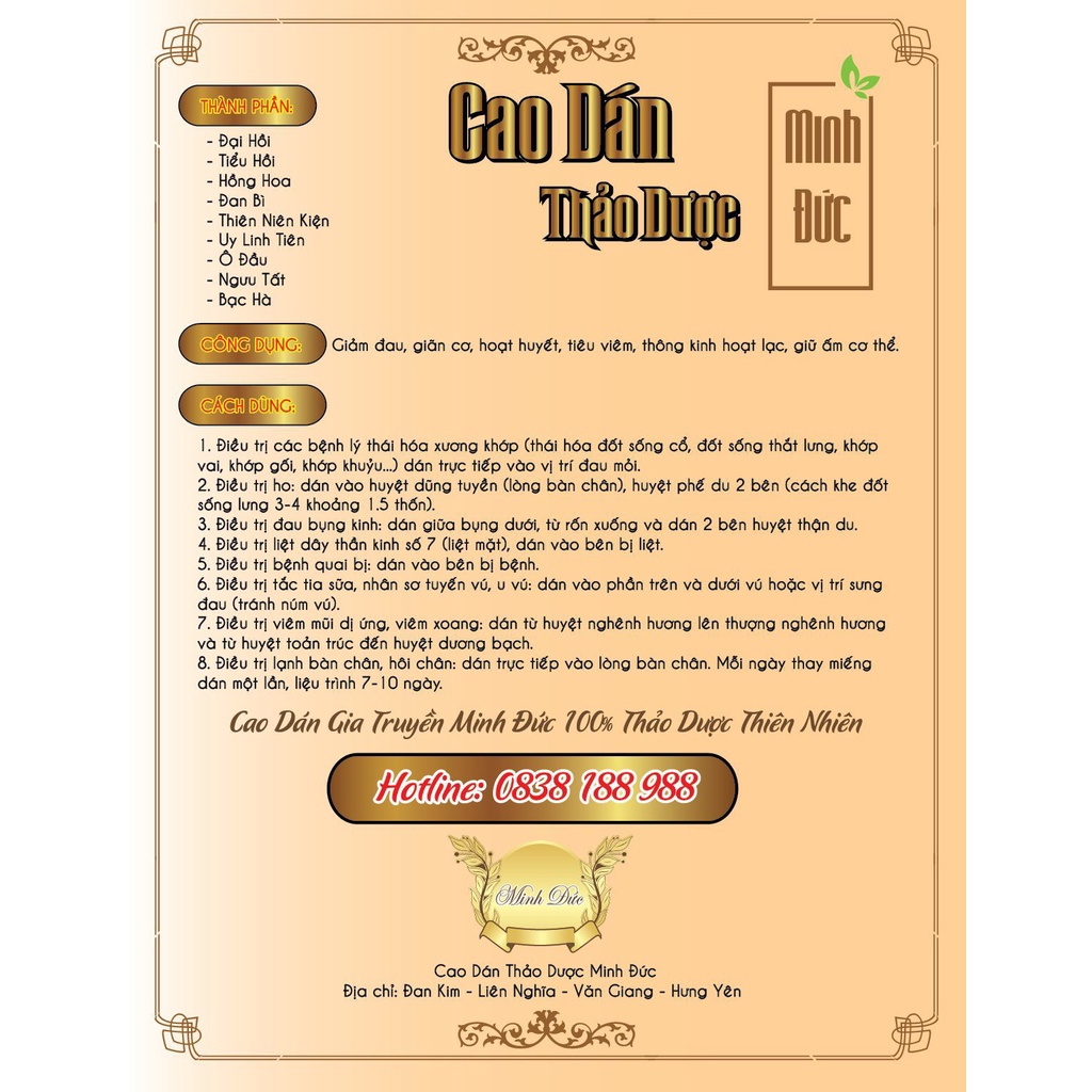 Cao dán thảo dược Minh Đức thiên nhiên hỗ trợ xương khớp