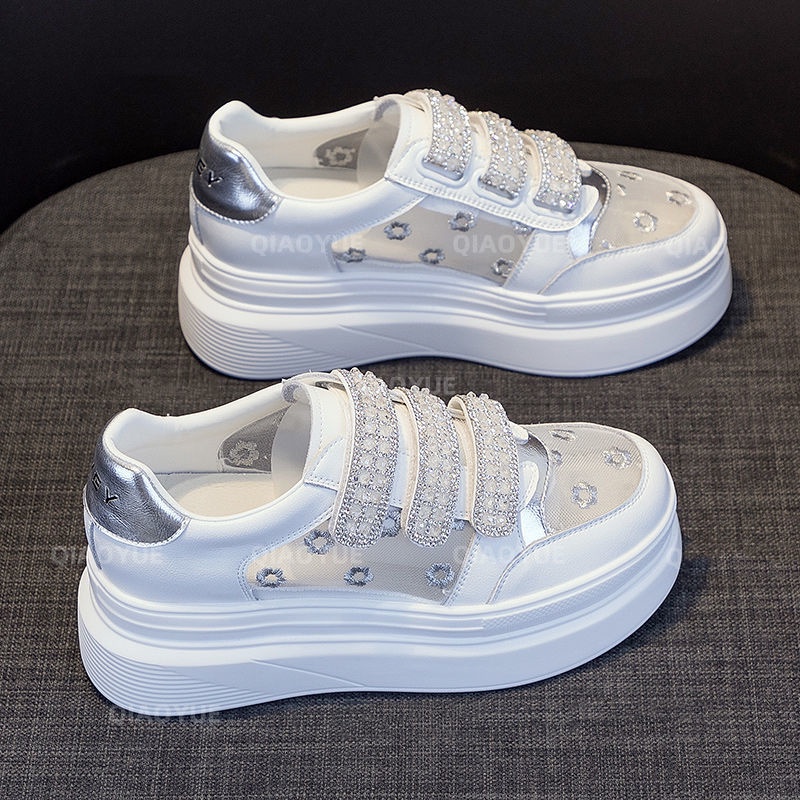 Giày Sneaker Đế Dày Tăng Chiều Cao Phối Lưới Thoáng Khí Phong Cách Mới Cho Nữ Dễ Phối Đồ