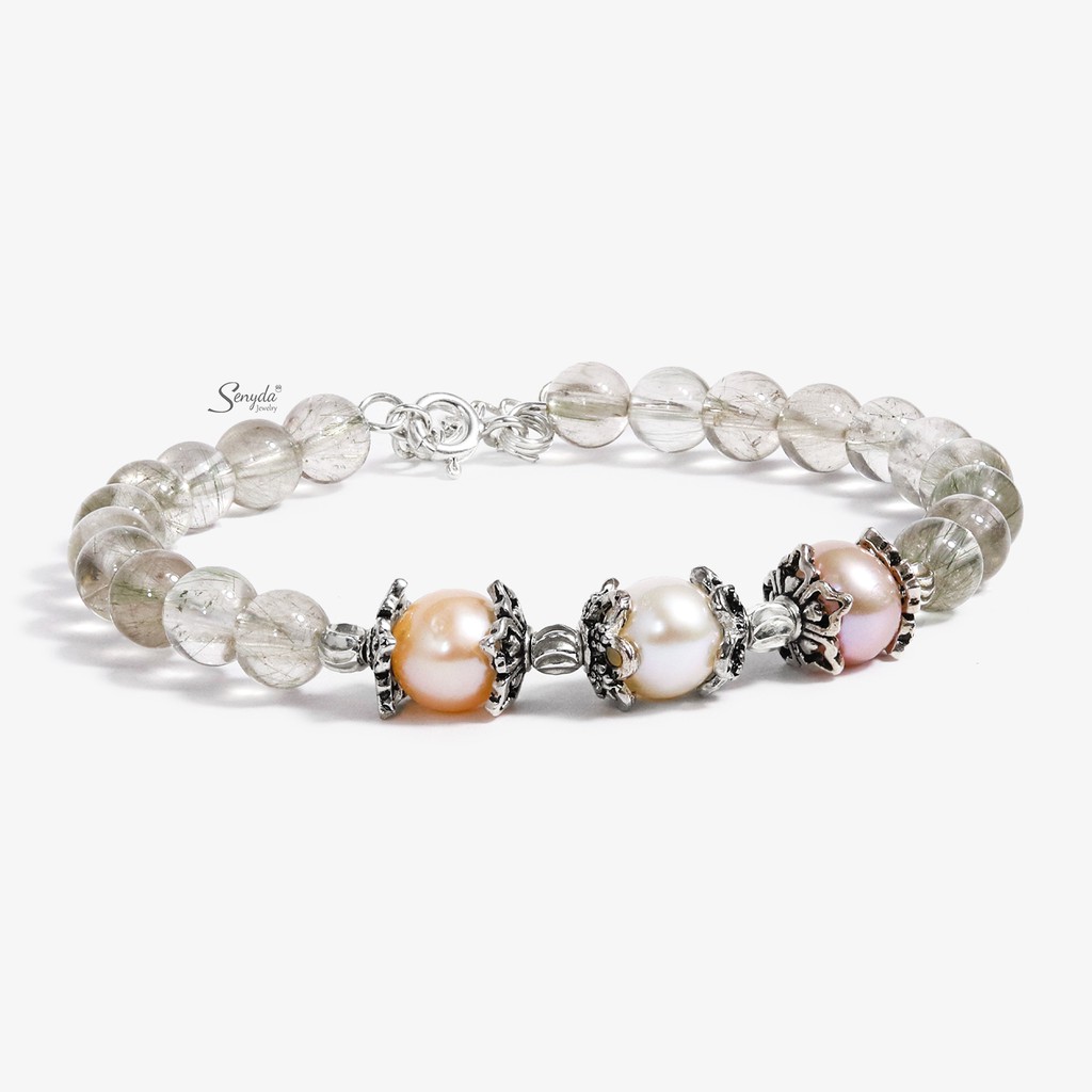 Trang sức Vòng tay BẠC 925 SENYDA Quartz tóc mix hột nước ngọt VT125