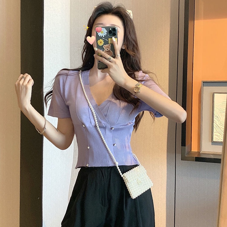 Áo Thun Croptop Dệt Kim Tay Ngắn Cổ Chữ V Dáng Ôm Thời Trang Mùa Hè 2020 Mới Mẻ Gợi Cảm Dành Cho Bạn Nữ
