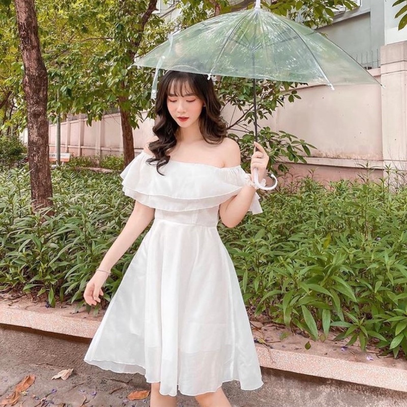 Váy voan trễ vai 2 lớp dáng xoè VH49, Đầm nữ tiểu thư đự tiệc hở vai sang chảnh dễ thương kiểu dáng hàn quốc