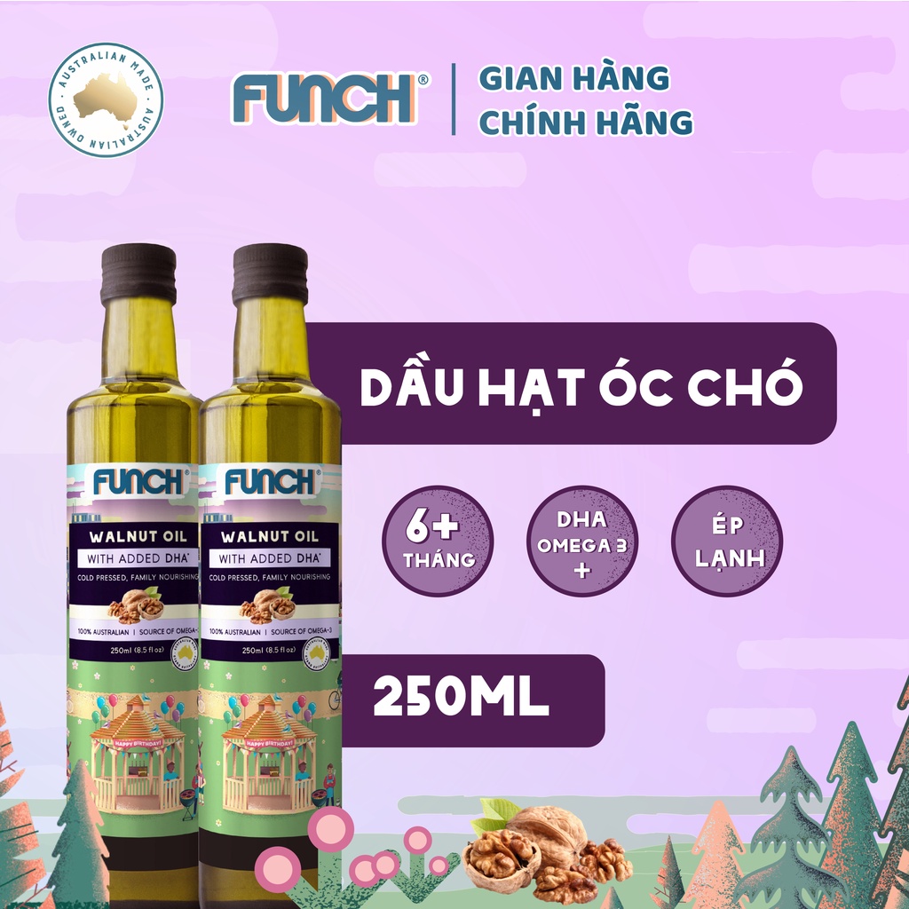 Combo 2 Chai Dầu Hạt Óc Chó Và Macca Funch 250ml Tặng 1 yếm ăn dặm silicon cho bé