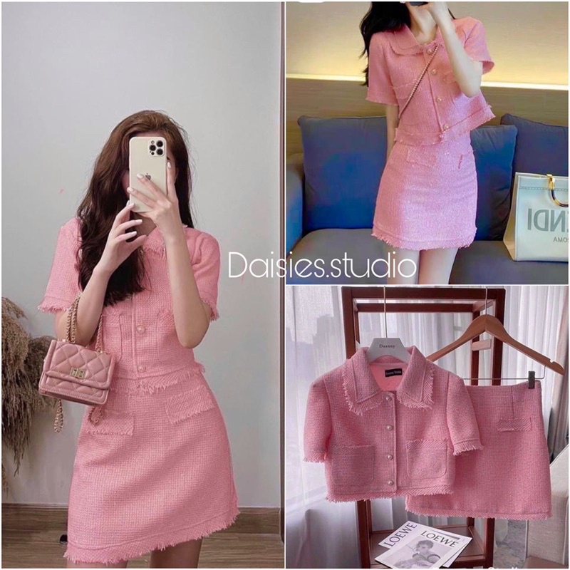 Set dạ bố màu hồng xinh xắn, Áo Dạ Tweed Kèm Chân Váy A Hàng Quảng Châu (HÌNH THẬT)