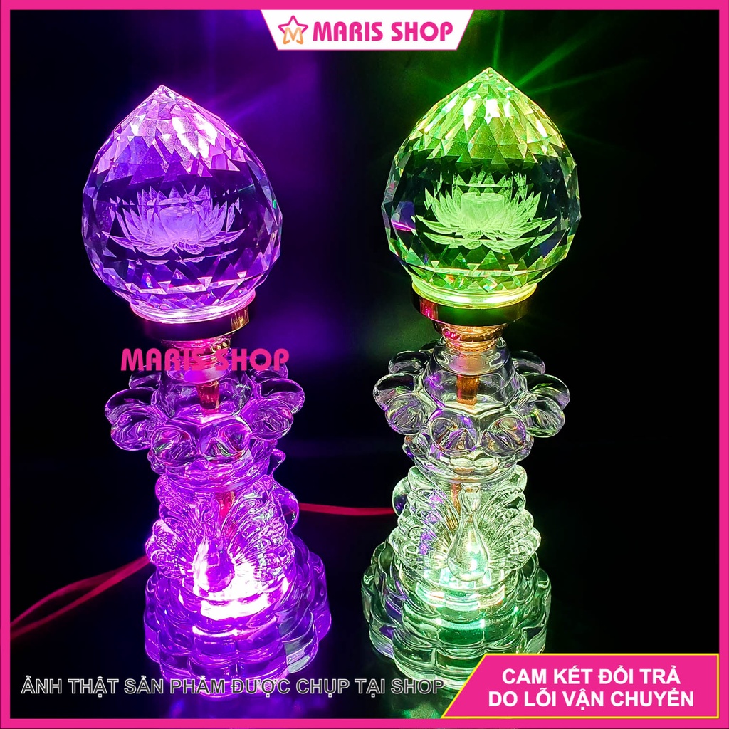 Đèn PHA LÊ NGUYÊN KHỐI Hình Đào Sen  Cao 28cm Để Bàn Thờ Phật 2 Tầng LED Tự Đổi Màu Cao Cấp