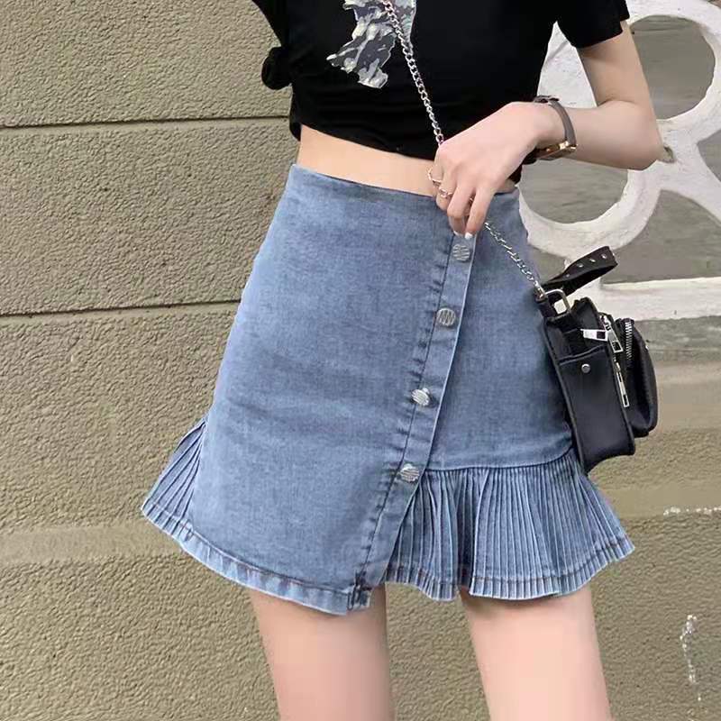 Chân Váy Denim Ngắn Lưng Cao Phong Cách Hàn Quốc Mới