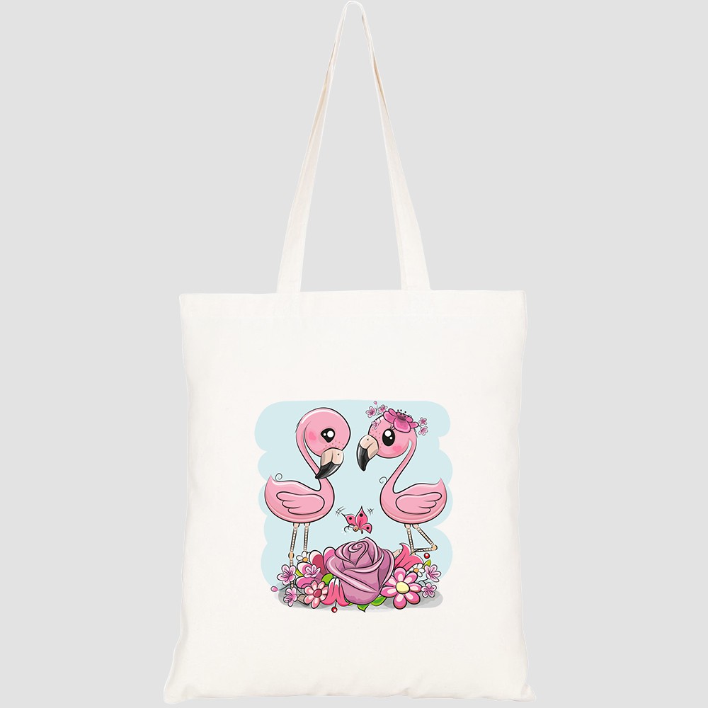 Túi vải tote canvas HTFashion in hình two cute cartoon flamingos flowers HT354
