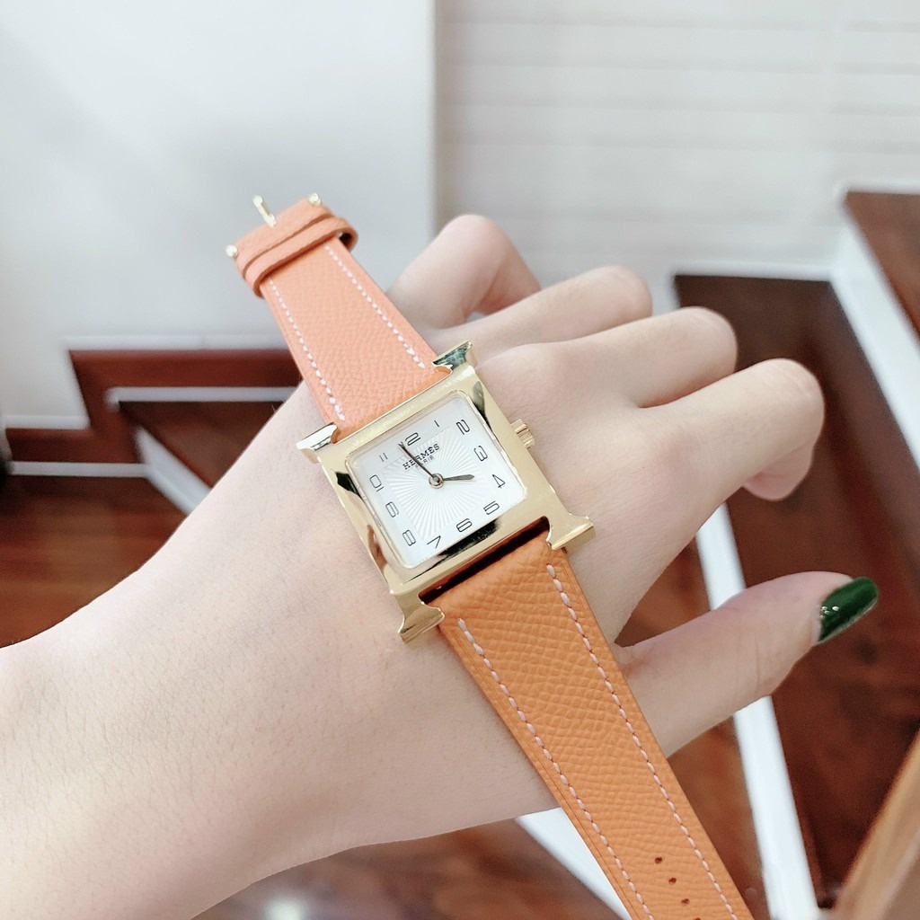 Đồng hồ Hemes Heure H nữ mặt vuông dây da - Viền Ceramic Mặt Đính Đá - Size 26x32mm hermes
