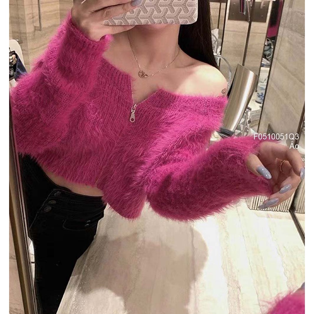 Áo len lông form croptop kéo khóa trễ vai tay dài thời trang!