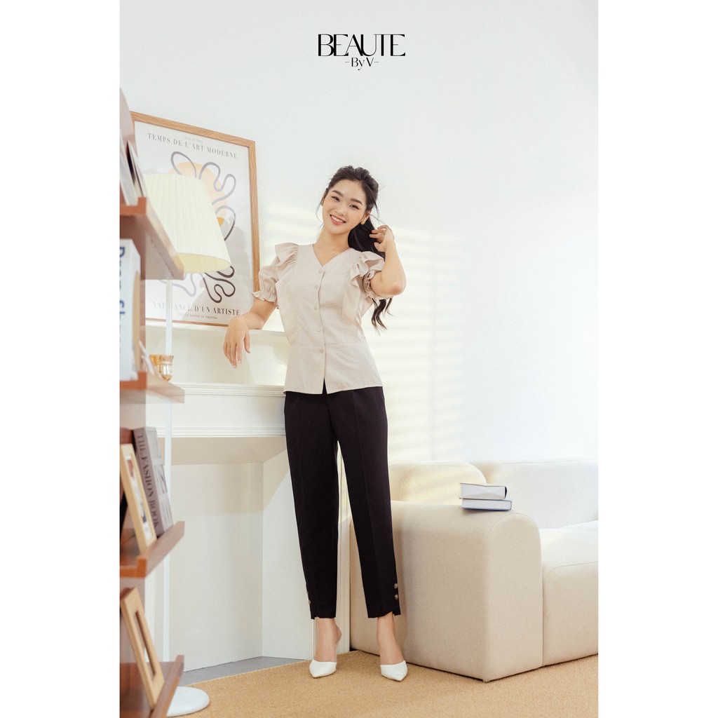 BEAUTEBYV - Quần nữ dáng côn so le gấu đính khuy trang trí Soy