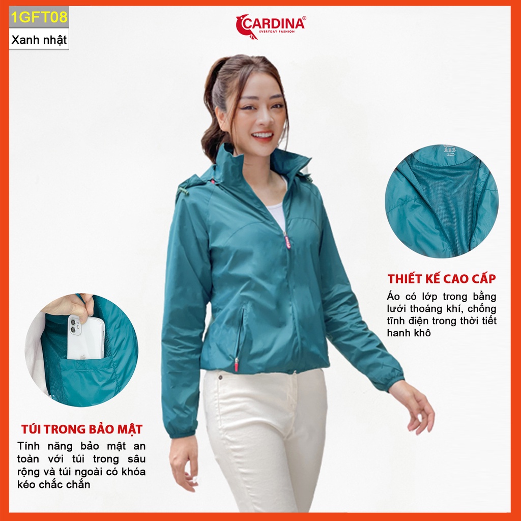 Áo gió nữ CARDINA chất gió trơn 2 lớp lót lưới cao cấp cản gió cản bụi chống nước 1GFT.