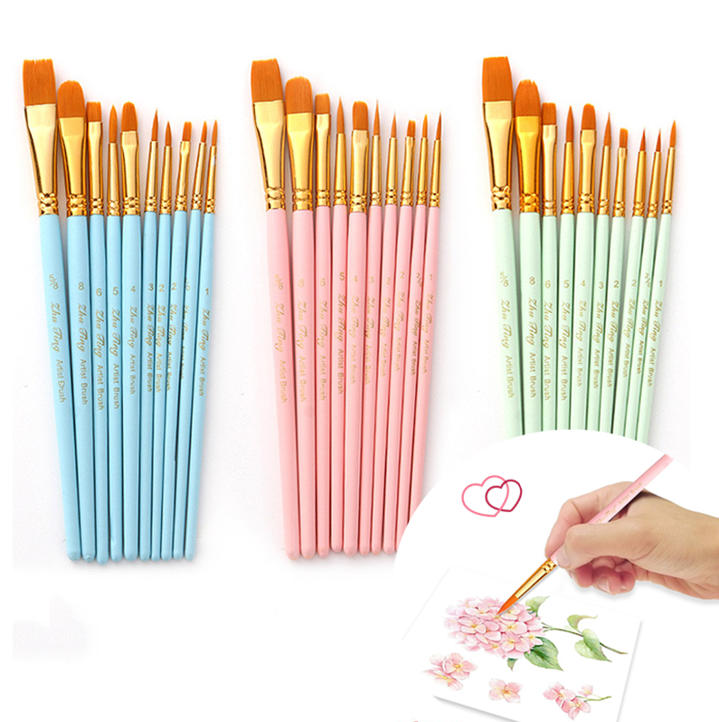 Artist Nylon Paint Brush 10 pcs Professional Watercolor Acrylic Wooden Handle Painting Brushes Art Stationery