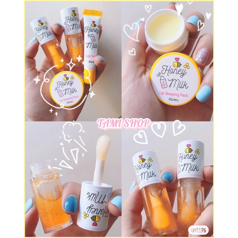 BỘ DƯỠNG MÔI MẬT ONG APIEU HONEY &amp; MILK LIPBALM / LIP SCRUB / LIP OIL / LIP SLEEPING PACK