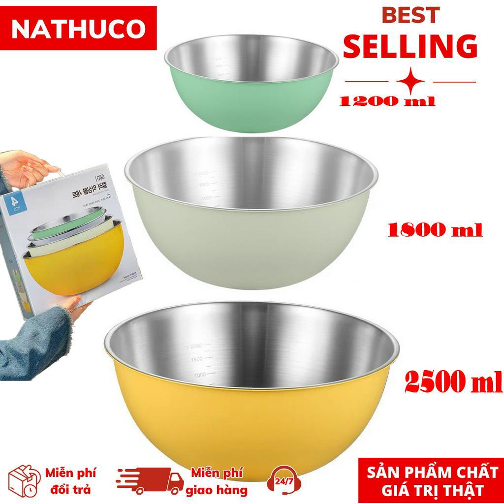 Bộ 3 Bát Trộn Inox 3 Màu Xuất Hàn, Set 3 thố trộn kim loại 2500ml - 1800ml - 1200ml