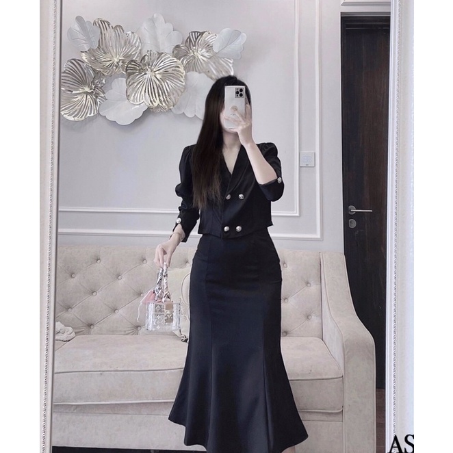 Set áo vest crtop chân váy midi công sở