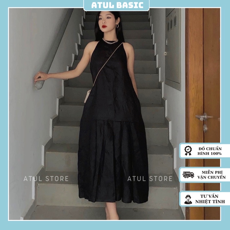 Đầm Đen Hai Dây Dáng Suông Form Rộng Thiết Kế Phần Thân Váy Nhấn Xếp Li Dáng Dài Che Mọi Khuyết Điểm - Long Goma Dress