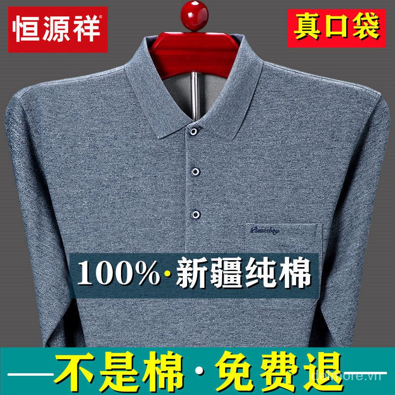 Hengyuanxiang Áo sơ mi cotton tay dài dáng rộng có túi cho nam trung niên người lớn tuổi