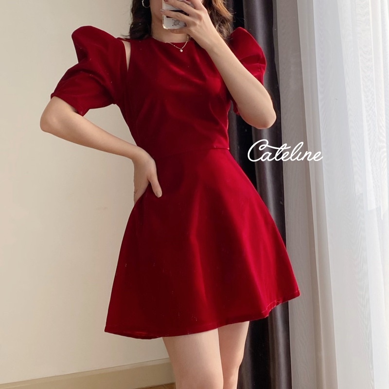 Váy nhung nữ Cateline khoét vai 2 bên, đầm thắt eo tay bồng dáng xoè chữ A dự tiệc | BigBuy360 - bigbuy360.vn