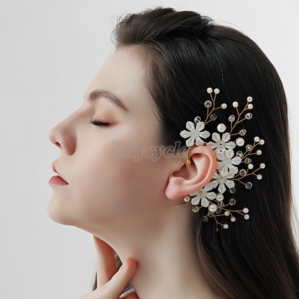 Bông Tai Dạng Kẹp Đính Đá Ngọc Trai Thủ Công Hình Hoa Rừng Cá Tính Cho Cô Dâu