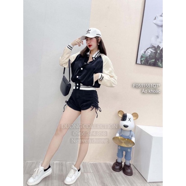 Áo khoác bomber lụa hai lớp khuy bấm phối màu lưng in chữ tay dài bo viền!Freesize dưới 57kg