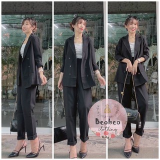 [Ảnh thật] Set áo vest đen kèm quần baggy ulzzang