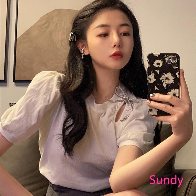 Áo tay ngắn cổ tròn thắt nơ thời trang mùa hè dáng rộng phong cách Hàn Quốc thiết kế mới dành cho bạn nữ