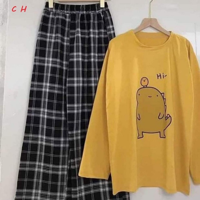 Sét khủng long hi quần kẻ đen COY876