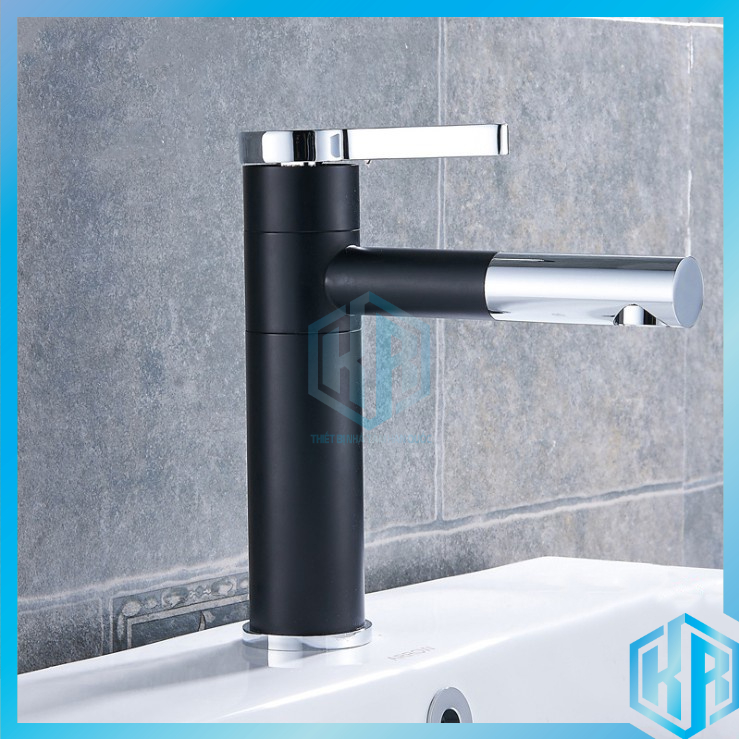 Vòi lavabo nóng lạnh bằng đồng hình trụ tròn 20cm sơn tĩnh điện đen bạc cao cấp