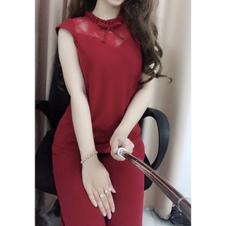 Đồ bộ thun cát hàn cổ nhúng bèo phối ren mã A149