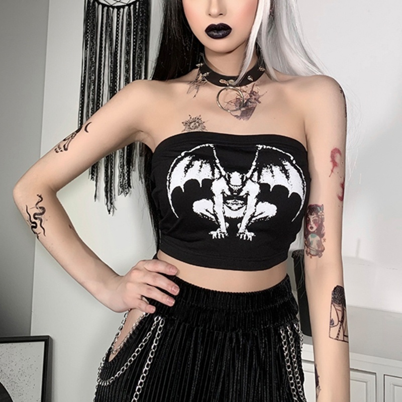 Áo Ống Croptop Mỏng Cúp Ngực In Họa Tiết Quỷ Phong Cách Gothic Punk Gợi Cảm Cho Nữ