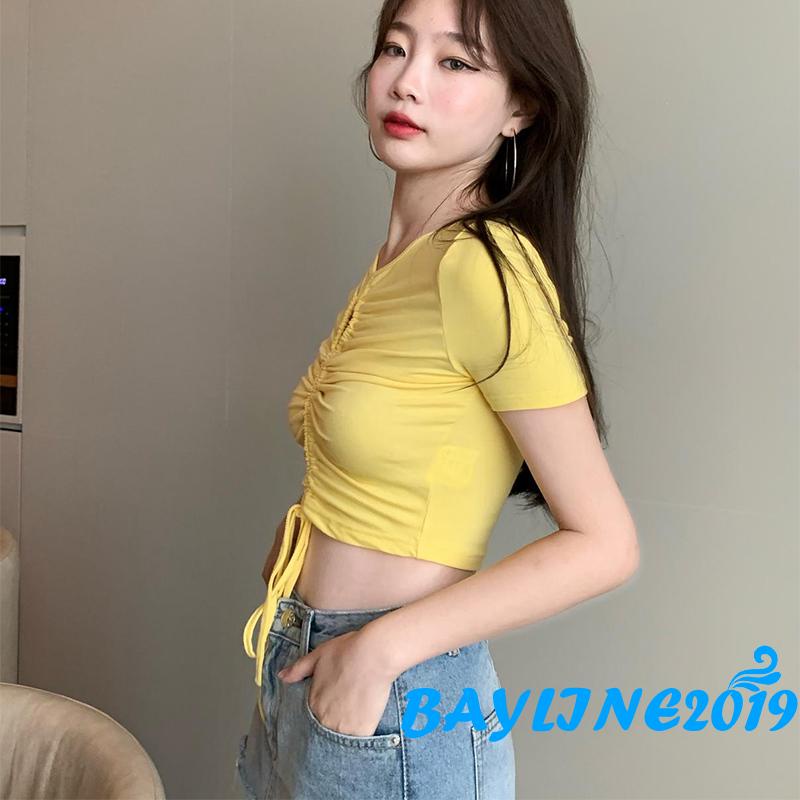 Áo thun croptop tay ngắn cổ tròn màu sắc đơn giản dành cho nữ