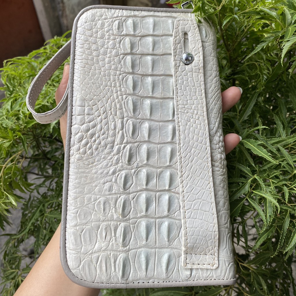 VÍ CẦM TAY DA CÁ SẤU THẬT 22x12 CM MÀU TRẮNG TINH KHÔI 2 DÂY KÉO THỤC | RYRY STORE