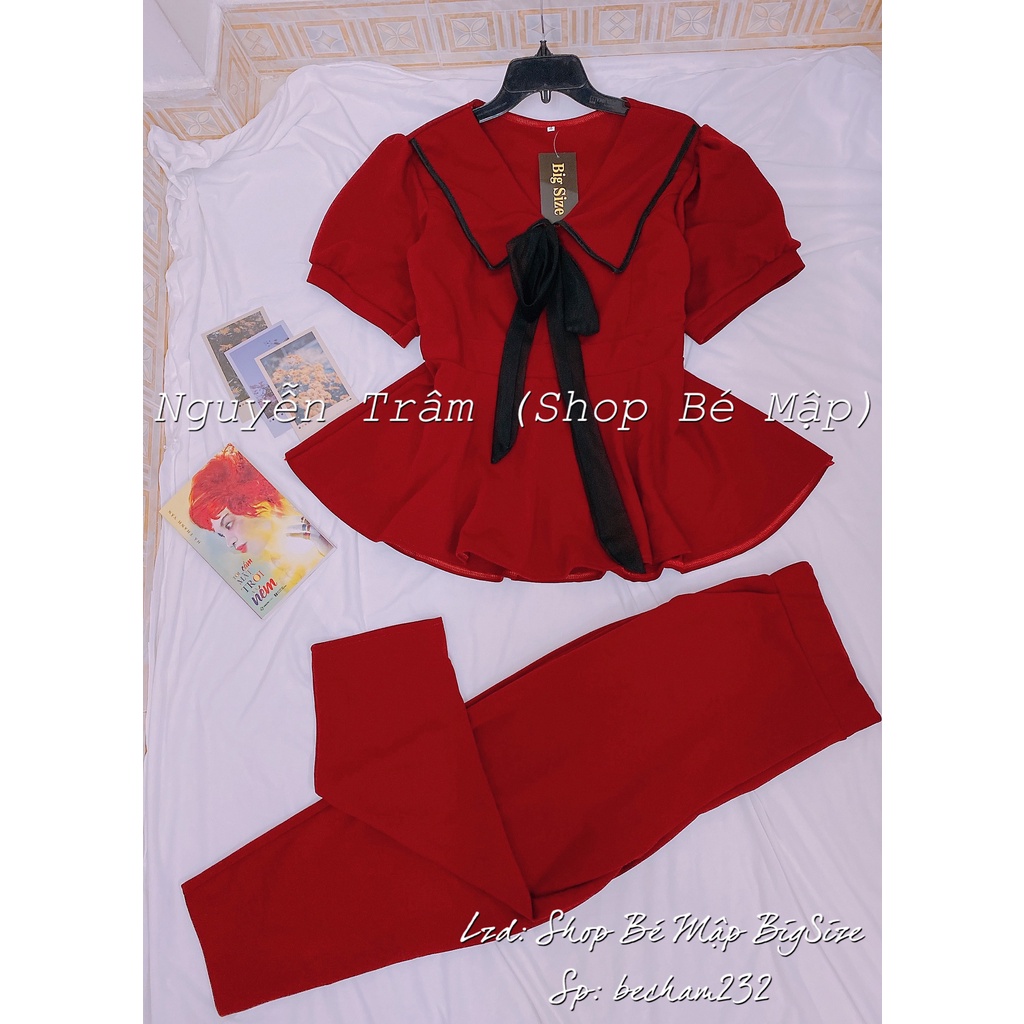 Set Áo Peplum Cổ Peter Viền Cột Nơ Quần Dài BigSize 65-85Kg