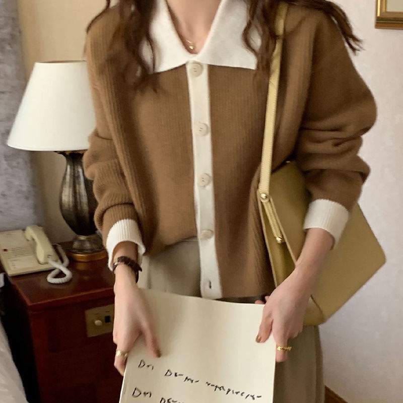 Áo Khoác Cardigan Dệt Kim Dáng Rộng Màu Sắc Tương Phản Phong Cách Retro Dành Cho Nữ