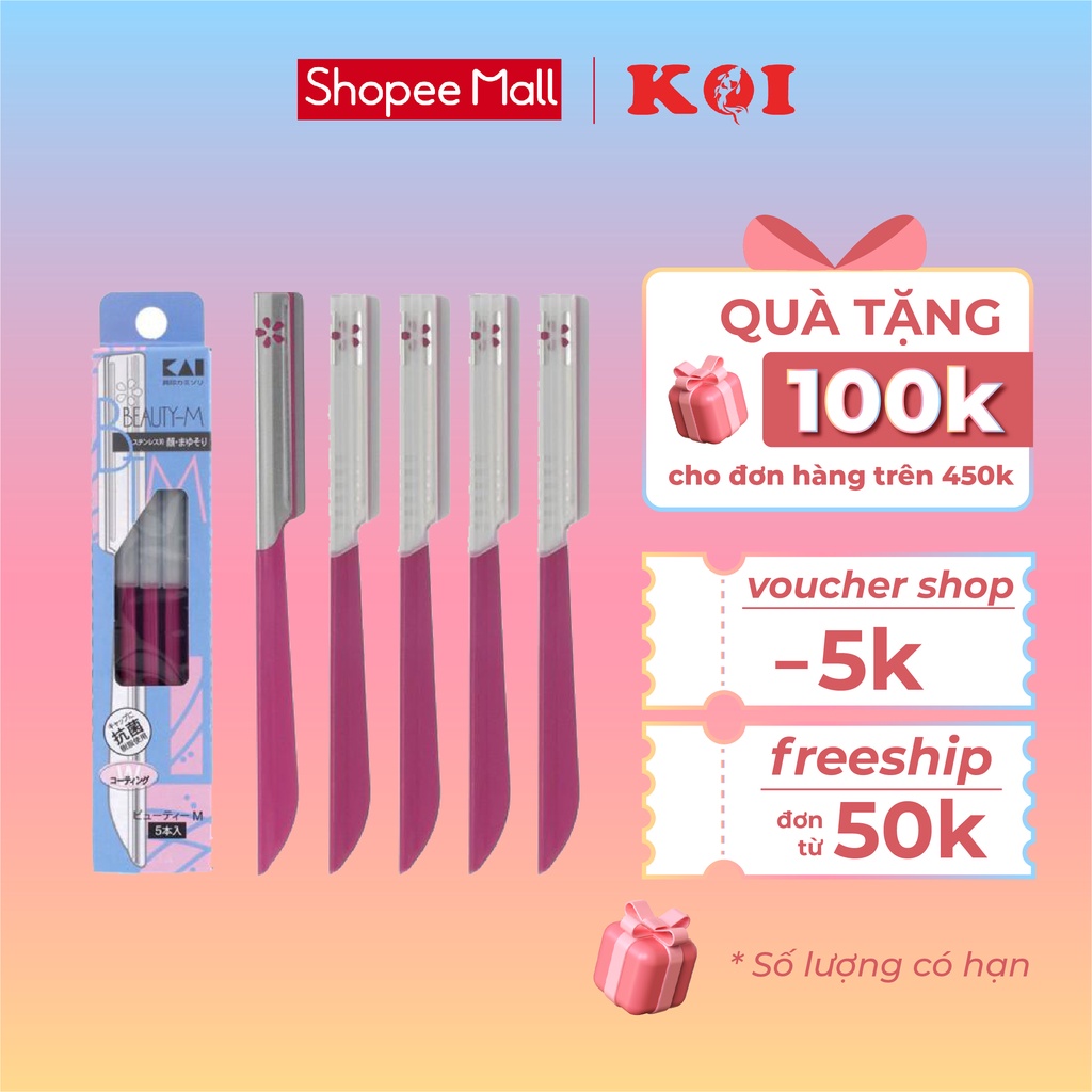 Dao cạo lông mặt lông mày thân kim loại Kai Beauty M BTM-5F1 cán hồng bộ 5 chiếc màu hồng