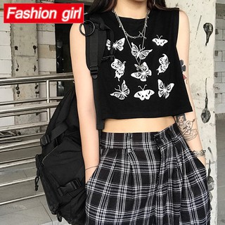 Áo Thun Không Tay Dáng Rộng In Hình Bướm Phong Cách Harajuku Cổ Điển