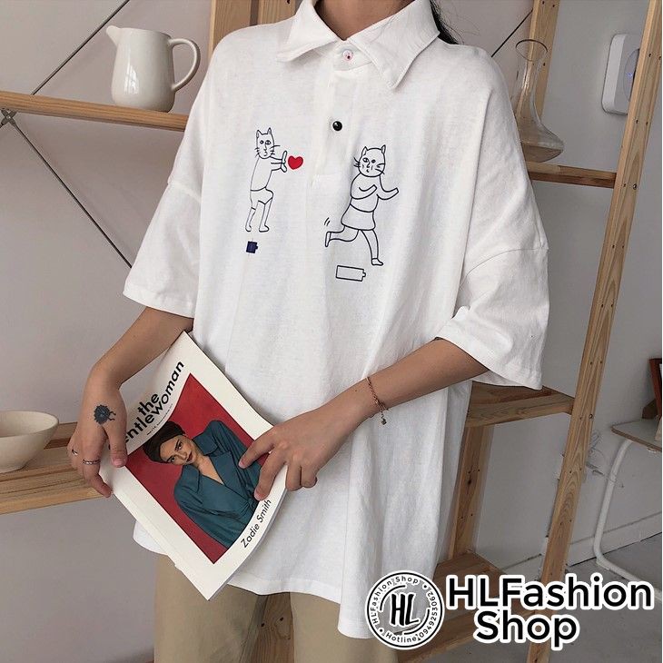 Áo thun tay lỡ unisex T-shirt cổ trụ hình 2 em mèo bắn tim siêu xinh siêu lạ | BigBuy360 - bigbuy360.vn